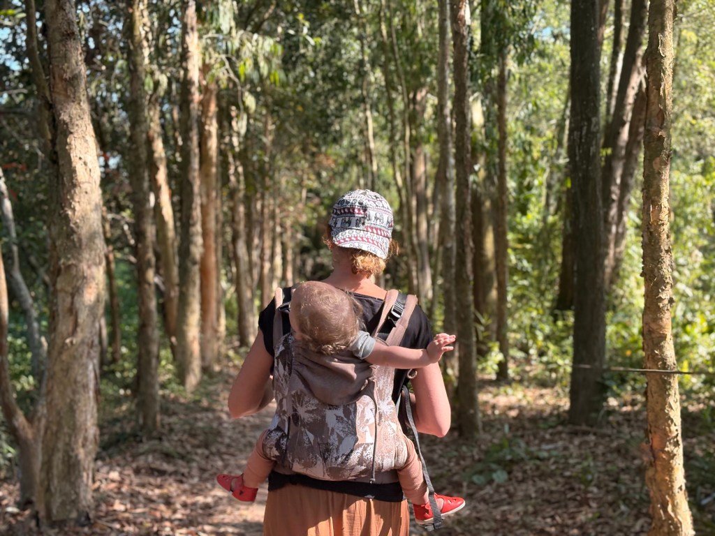 Traveler carrying a baby through a peaceful nature trail in Can Tho, Vietnam, exploring eco-tourism spots in the lush Mekong Delta forests.